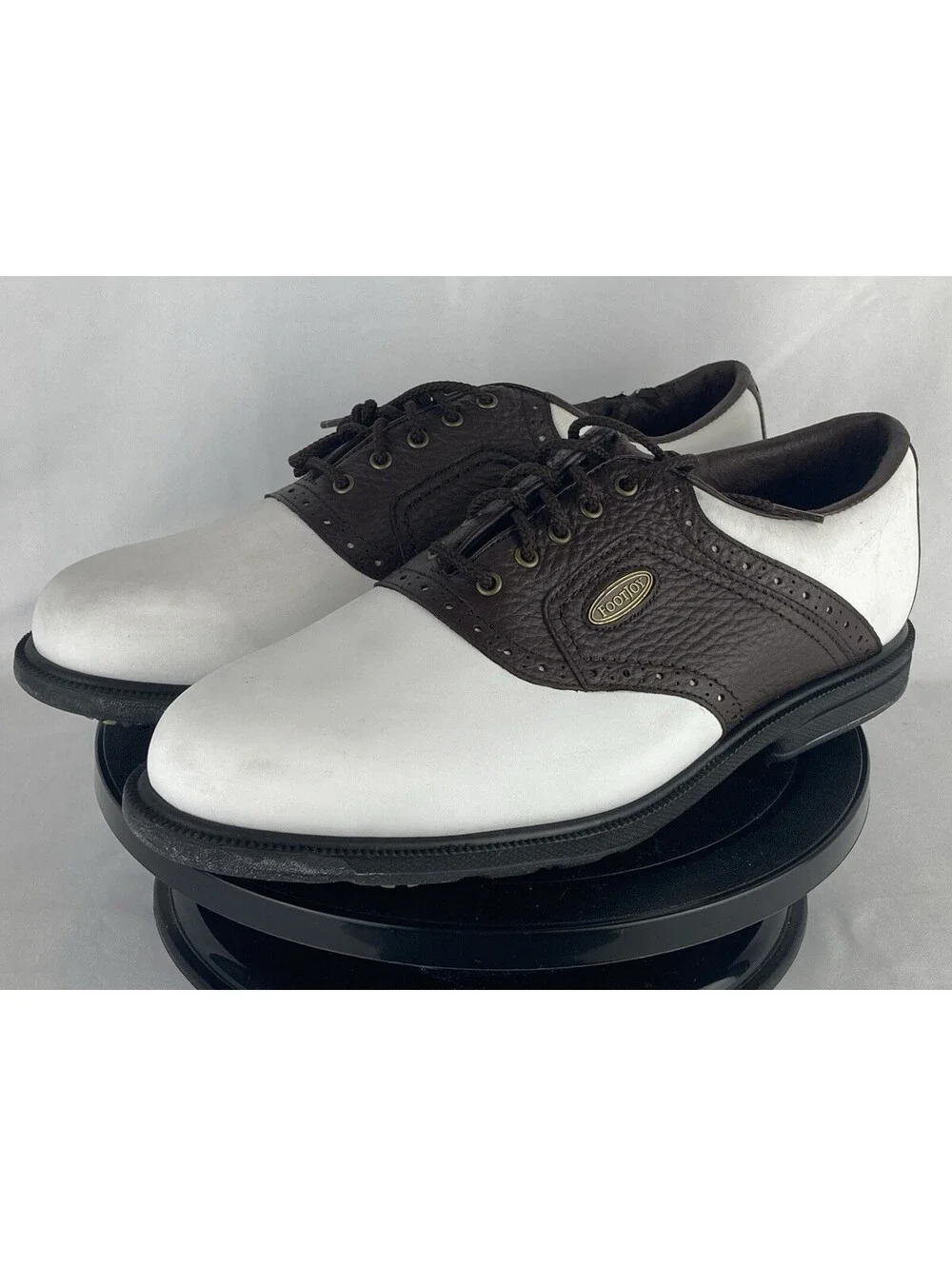 Men’s Size 10 FootJoy eComfort Golf Shoes White Brown Saddle Oxford Spikes